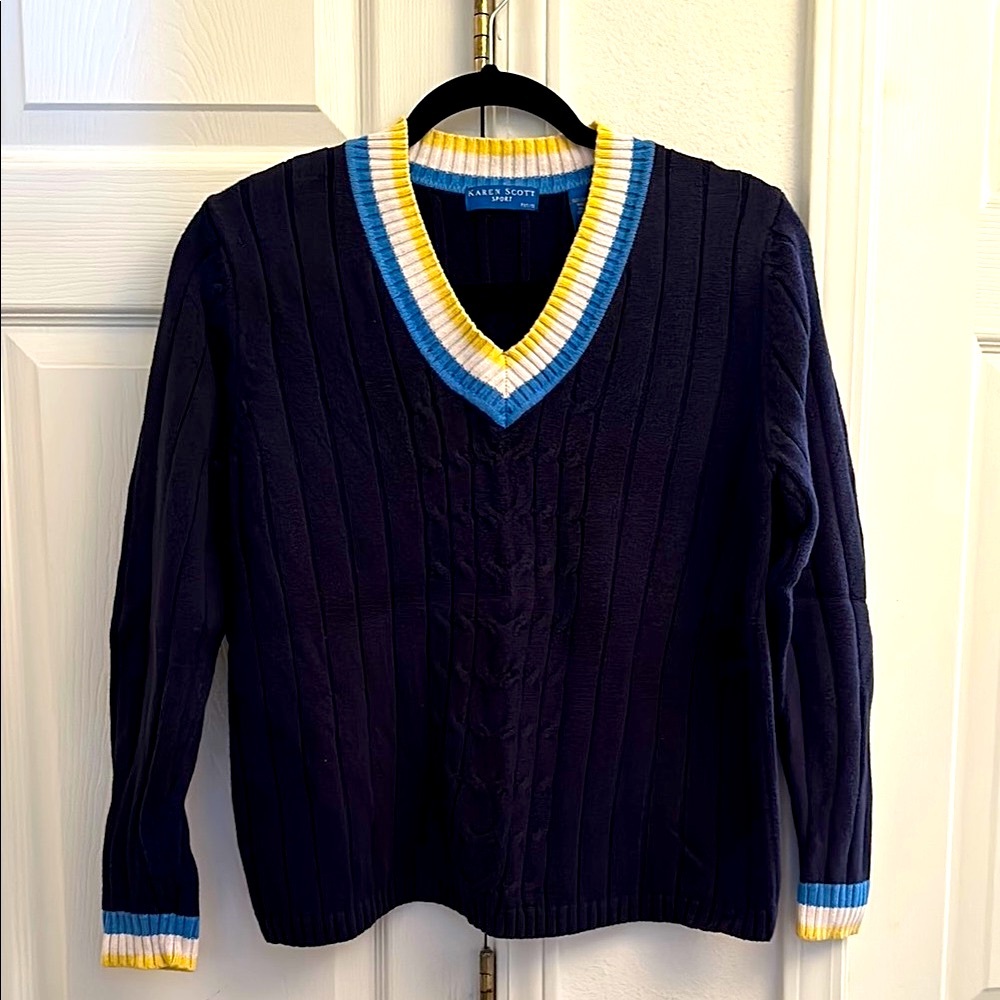 Women’s Karen Scott Sport Petites Navy Blue V-Neck Sweater Size PM